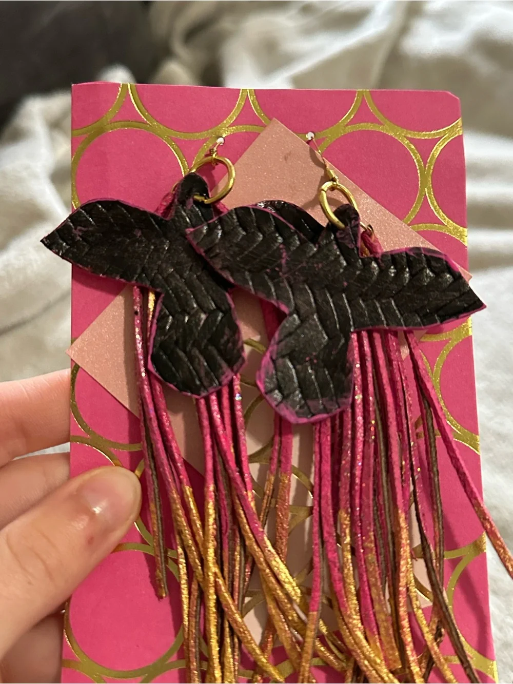 Black Faux Leather Bird And Pink Fringe Earrings - Picture 3 of 3